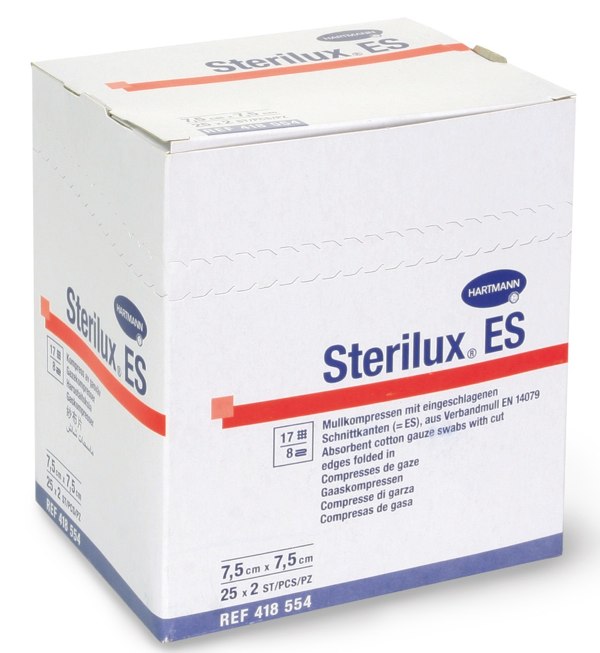 STERILUX, sterilní gázové kompresy, 100 % bavlna, 7,5 x 7,5 cm, 25 x 2 ks