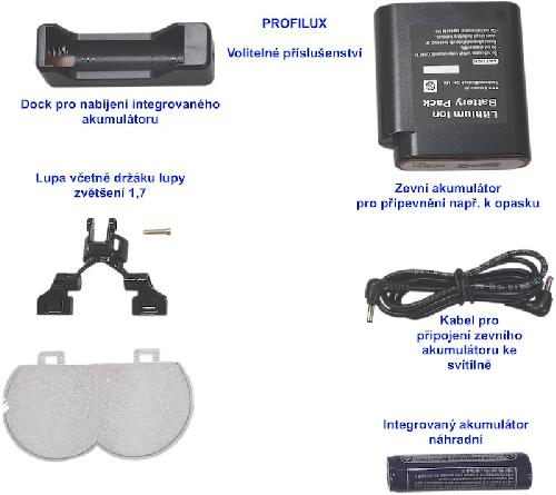 PROFILUX, profesionální čelní svítilna, akumulátor, síťový adaptér